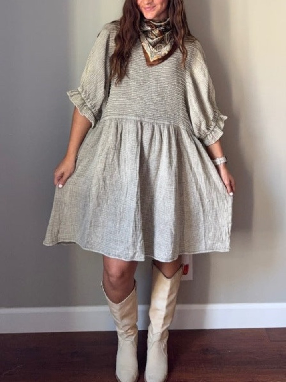Three Bird Nest Quinn Gauze Puff Sleeve Babydoll Mini Dress Ash Cotton Boho 2.0